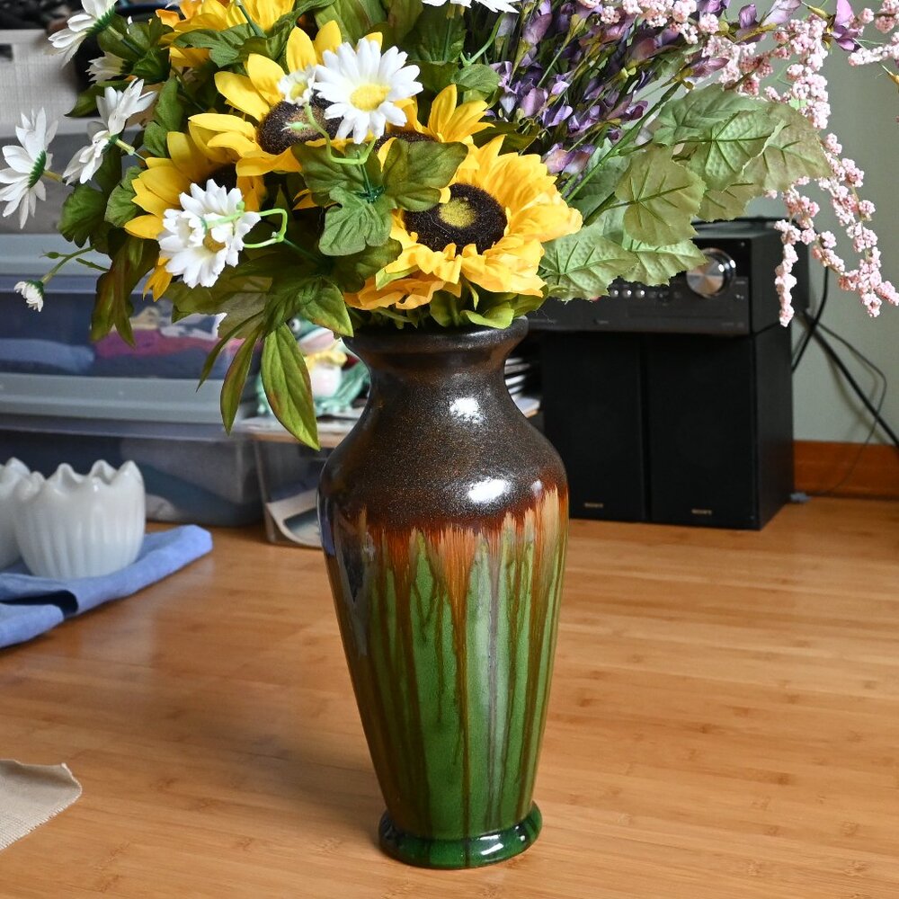EUC Drip Glazed Ceramic 14" Tall Vase Glossy Finish Sparkle Brown Crackle Green